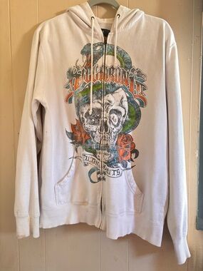Billabong White Zip Hoodie with Skull, Snake & Rose Graphic- Stained